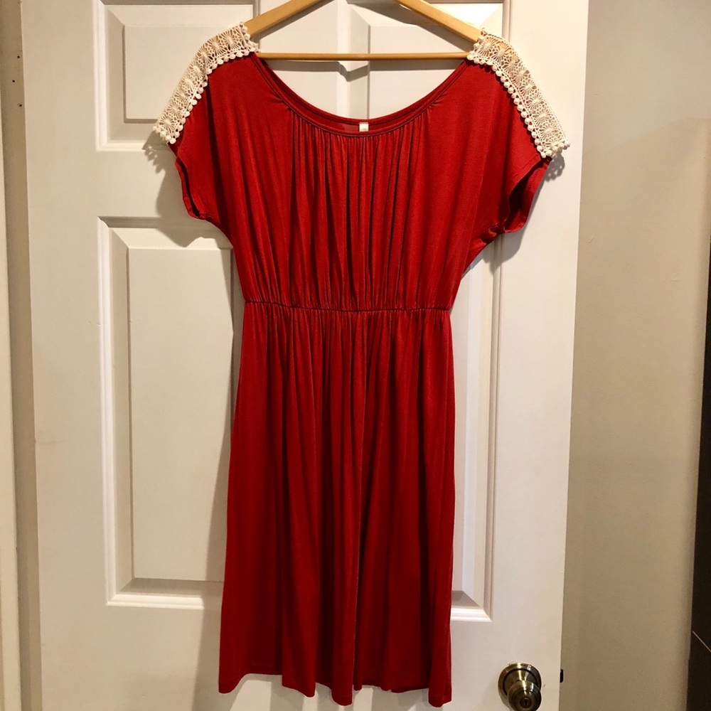 Crochet Sleeve Rust Colored Gathered Waist Dress